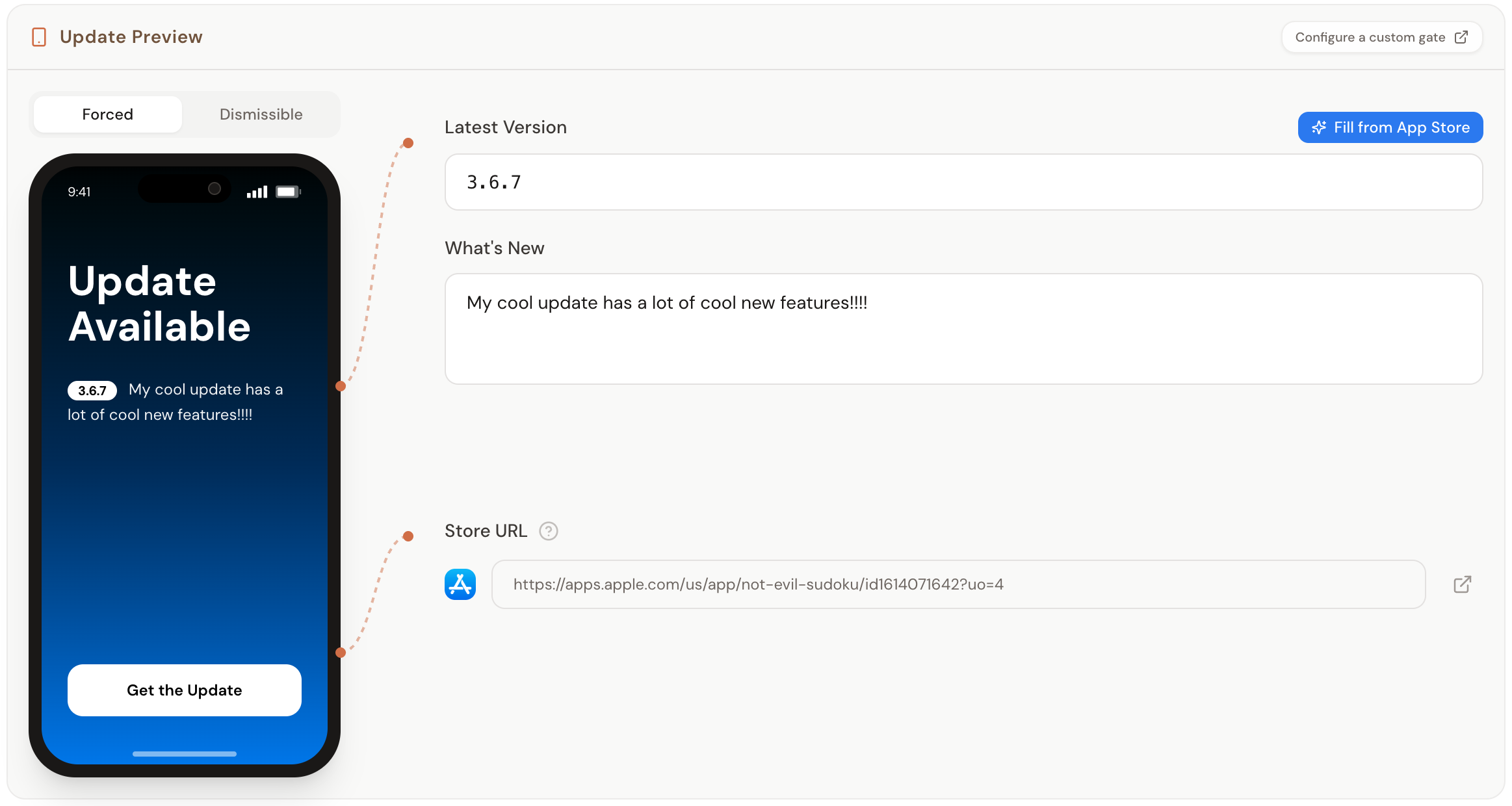 SideKit update preview showing a forced update gate on an iPhone with version and What's New configuration