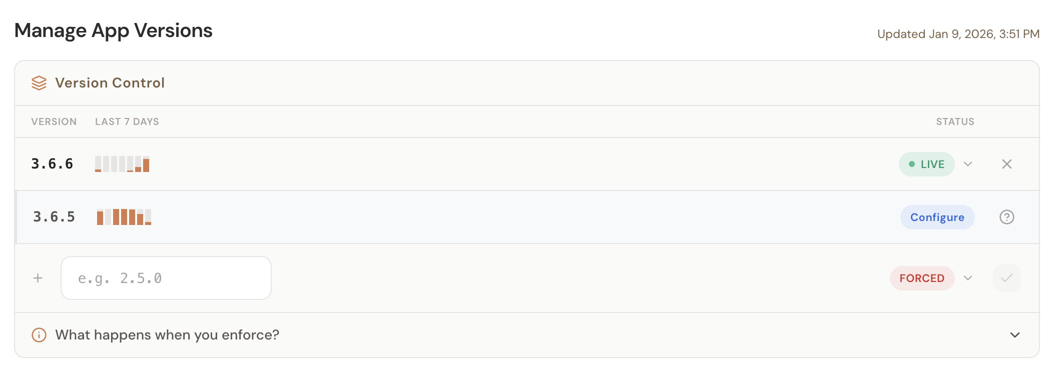 SideKit version management page showing anlytics on how your app version are doing